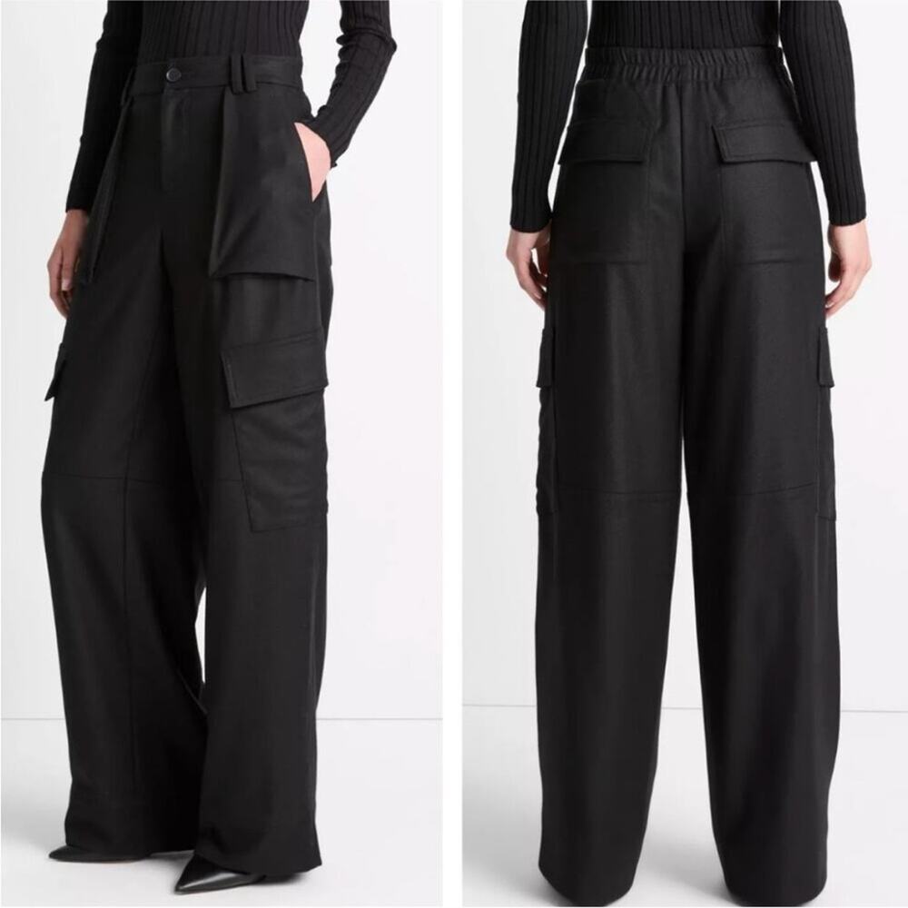 Vince Black Wool Flannel Raver Wide Leg Cargo Pant Elastic Back Waist 12